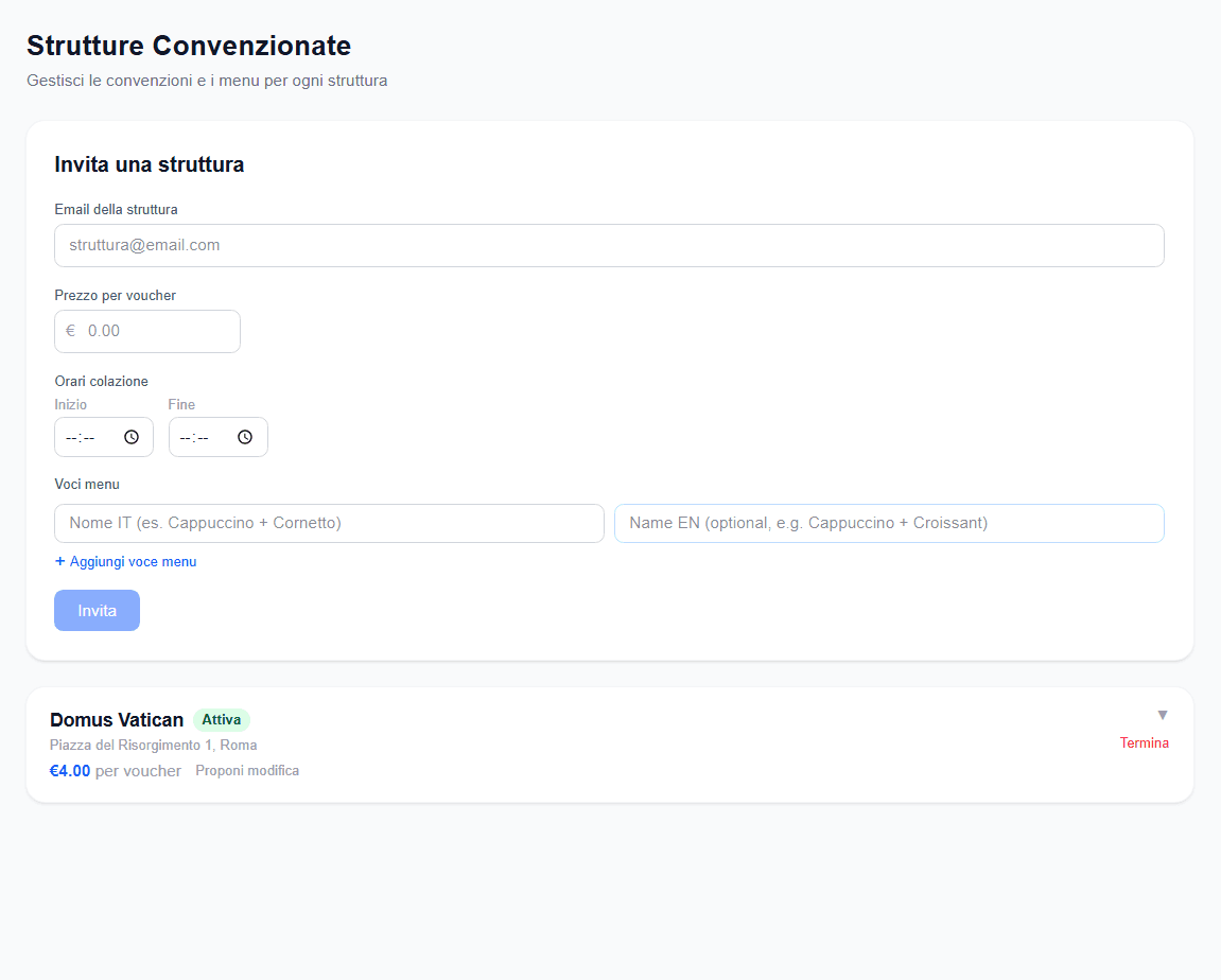 Lato bar: invita una struttura, configura menu e orari